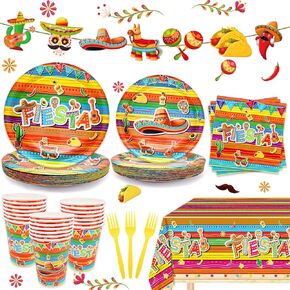 122PCS Mexican Fiesta Party Supplies Fiesta Party Decorations Include Plates, Cups, Napkins, Forks, Banner, Tablecloth for Mexican Fiesta Themed Cinco De Mayo Pinata Party Decorations, Serves 24