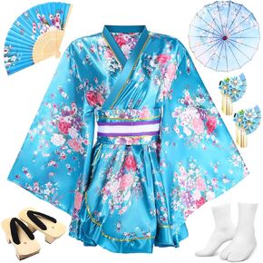 Cuffbow 8 Pcs Kimono Costume for Women Japanese Geisha Yukata with Belt Wooden Clog Parasol Hairstick Folding Fans Tabi Sock