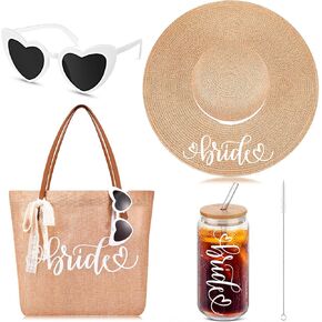 Silicherry 4 Pcs Bride Gifts Set Includes Bride Beach Bag Bride Straw Sun Hat Sunglasses Cup Honeymoon Bachelorette Party Accessories