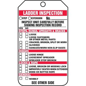 Accuform TRS340PTP Ladder Status Tag, Legend "LADDER INSPECTION - INSPECT UNIT CAREFULLY BEFORE SIGNING INSPECTION RECORD", 5.75" Length x 3.25" Width x 0.015" Thickness, RP-Plastic, Red/Black on White (Pack of 25)