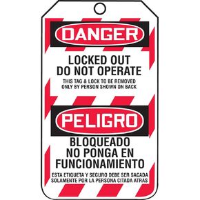 Accuform Lockout Tags, Pack of 5, Bilingual Danger Locked Out Do Not Operate, US Made OSHA Compliant Tags, Tear & Water Resistant PF-Cardstock, 5.75"x 3.25", TSP103CTM