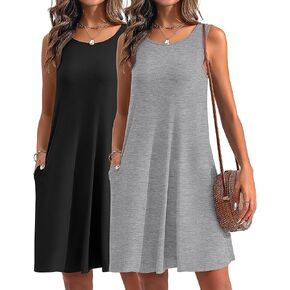 2 Pack Women's Summer Casual Dresses, Beach Cover up Tank Dress with Pockets Plain Round Neck Swing T Shirt Sundresses in Kuwait