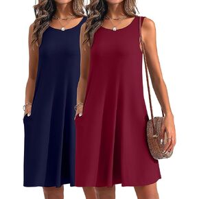 Ficerd 2 Pack فساتين نسائية صيفية غير رسمية، فستان بدون أكمام للشاطئ مع جيوب سادة ورقبة دائرية متأرجحة فساتين الشمس