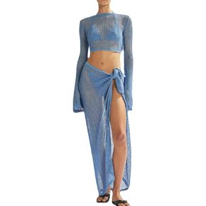 Gihuo Womens Swimsuits Cover Ups Crochet 2 Piece Bikini Coverup Beach Swimwear Hollow Out Bathing Suit Tie Skirt
