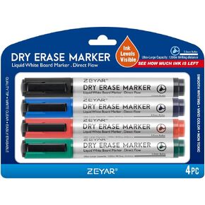 ZEYAR Dry Erase Marker Low-Odor Bullet Tip, Ultra-Large Capacity, Advanced Direct Flow Structure, Whiteboard Marker for School, Office, Home, 4 Count (4 Black)