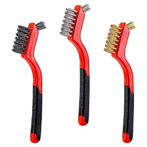 YiwerDer 6Pcs Mini Wire Brush Set, Stainless Steel/Brass/Nylon Bristles Wire Brushes, Curved Handle Soft Grip for Rust, Dirt & Paint Scrubbing with Deep Cleaning – 7 Inches (Red)
