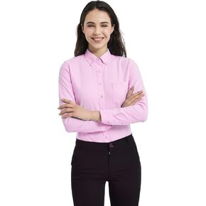 QFV Button Down Shirt Women's Long Sleeve Oxford Shirt Cotton Work Blouse Wrinkle Resistant