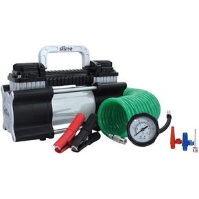 Slime 40026 Tire Inflator, Portable Car, SUV, 4x4 Air Compressor, Heavy Duty, 2x Pro Power, Heavy Duty, with Analog 150 psi Dial Gauge, Long Hose and LED Light, Alligator Clips, 2 min inflation
