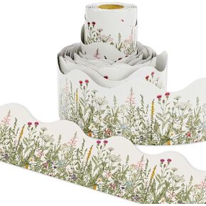 AnyDesign 65Ft Vintage Wild Floral Bulletin Boards Botanical Green Leaves Herbs Decorative Trim Border Seasonal Spring Board Trim for School Wall Blackboard Classroom DIY Crafts, 1 Roll