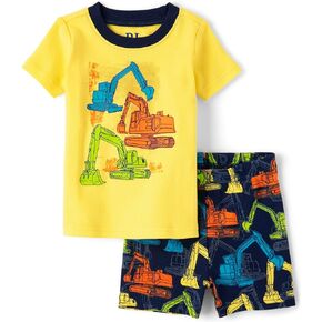 The Children's Place Baby Boy's and Toddler Sleeve Top and Shorts Snug Fit 100% Cotton 2 Piece Pajama Set, Thunder Blue Construction
