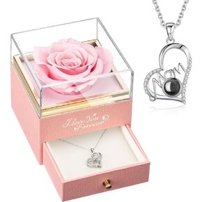 NEWNOVE Mothers Day Gifts for Mom, Preserved Real Red Rose with I Love You Mom Necklace, Forever Flowers Gifts for Mom from Daughter, Son, Kids, Best Mom Gifts Ideas