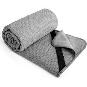 POLYTE Microfiber Hot Yoga Towel Mat with Non-Slip Silicone Grip and Secure Fit Elastic Straps, 24 x 72 in (Purple)