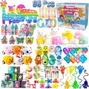 98 Pcs Party Favors for Kids 4-8 8-12 Fidget Toys Pack Birthday Gift Toys Treasure Chest Carnival Prizes Goodie Bags Fillers Pinata Stuffers for Birthday Party Treasure Box Toys for Classroom Prizes
