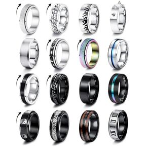 Fansilver 16Pcs Stainless Steel Fidget Rings for Women Men Black Silver Mens Rings Cool Chain Spinning Rings Fashion anxiety Band Rings Pack Size 7-13