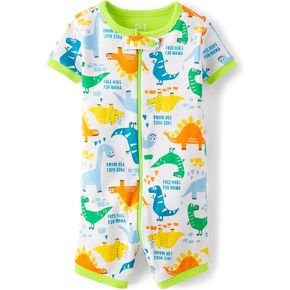 The Children's Place Baby Boy's and Toddler Snug Fit 100% Cotton Short Sleeve Zip-Front One Piece Footless Pajama, Blue Green Dino