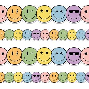 Whaline 32.8Ft Preppy Happy Face Bulletin Board Border النظارات الشمسية القلب ابتسامة الوجه يموت قطع تقليم الحدود لفة للفصول الدراسية السبورة المدرسة
