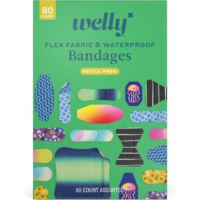 Welly Bandage Large Refill Pack | Adhesive Flexible Fabric, Glow-in-The-Dark & Waterproof Bandages | Assorted Shapes and Patterns for Minor Cuts, Scrapes, and Wounds - 160 Count