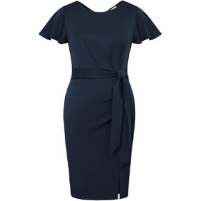 Hanna Nikole Womens Plus Size Work Pencil Dress Ruffle Sleeve Wedding Guest Office Cocktail Party Dresses with Tie Waist