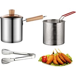 Deep Fryer Pot 304 Stainless Steel Frying Pan with Strainer Basket and Handle,Japanese Tempura Fryer Deep Fryers Frying Pot for Frying Fish Shrimp Chicken and Fries (Silver-1)