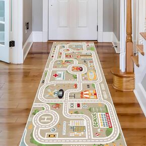 Kids Car Train Rug, 2'7" x 9'10" Boys Play Carpet, Floor Mat Playmat for Playroom Bedroom Kids Toddler Room，Non Slip Rug Backing (Grey, 2'7" x 9'10")