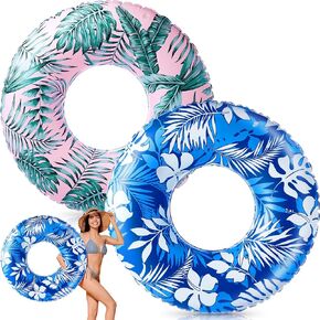 2 Pcs Large Float Tube 47.24 Inches Inflatable Pool Floats Jumbo Tropical Leaves Inflatable Pool Tube Rings Swimming Ring for Adults Kids Summer Hawaii Beach Supplies
