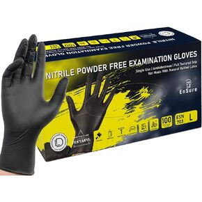 Ensure Low Dermatitis 7 Mil Black Nitrile Exam Gloves, Heavy Duty, Chemical + Puncture Resistant, Automotive, Industrial