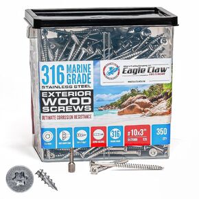 #10 x 2 1/2 Inch 316 Marine Grade Stainless Steel Wood Screws | 350 Pieces T25 Star Drive Type 17 Point | High Corrosion Resistance for Saltwater Coastal Marine Construction by Eagle Claw Fasteners