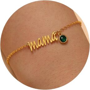 JSJOY Mothers Day Gifts for Mom Gold Mama Bracelet with Birthstone Birthday Gifts for Women Dainty Birthstone Bracelets Emerald Jewelry Mom Gifts for Mother