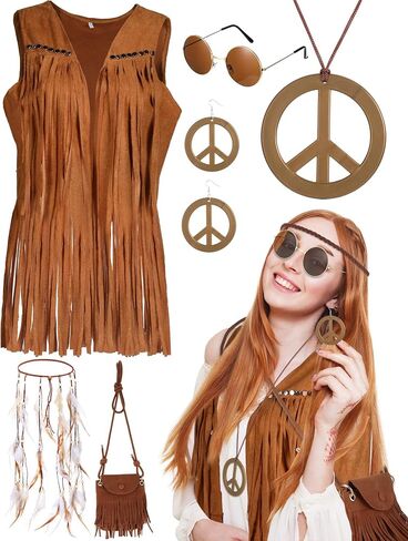 Cuffbow 7 Pcs 70s Outfits for Women Hippie Costume Set Fringe Vest Peace Sign Earring Necklace Headband Tassel Bag Sunglasses in Saudi Arabia