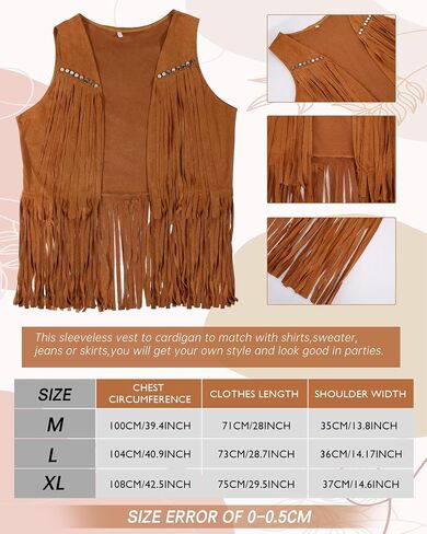 Cuffbow 7 Pcs 70s Outfits for Women Hippie Costume Set Fringe Vest Peace Sign Earring Necklace Headband Tassel Bag Sunglasses in Saudi Arabia
