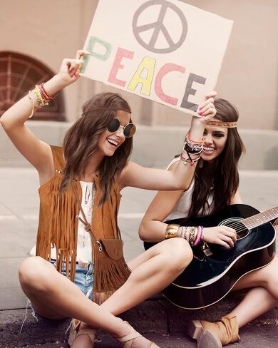 Cuffbow 7 Pcs 70s Outfits for Women Hippie Costume Set Fringe Vest Peace Sign Earring Necklace Headband Tassel Bag Sunglasses in Saudi Arabia
