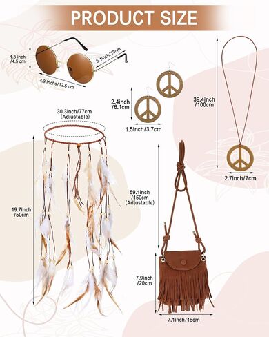 Cuffbow 7 Pcs 70s Outfits for Women Hippie Costume Set Fringe Vest Peace Sign Earring Necklace Headband Tassel Bag Sunglasses in Saudi Arabia
