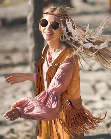 Cuffbow 7 Pcs 70s Outfits for Women Hippie Costume Set Fringe Vest Peace Sign Earring Necklace Headband Tassel Bag Sunglasses in Saudi Arabia