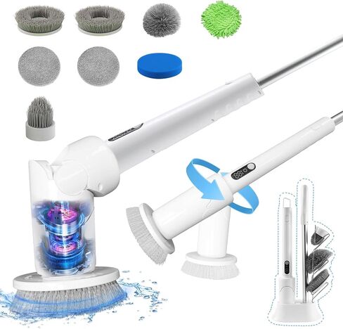 Beny Electric Spin Scrubber، 2024 منظف دش جديد بمقبض طويل، فرشاة تنظيف لاسلكية مع 8 رؤوس فرشاة قابلة للاستبدال، سرعتان لغسيل الأرضيات، فرشاة دوارة لسيارة أرضية حوض الحمام والبلاط in Saudi Arabia