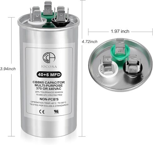 40+5μf 40/5MFD مكثف دائري مزدوج التشغيل للتيار المتردد 370 أو 440 فولت لمكثفات مكيف الهواء للمكثف المستقيم البارد، تشغيل محرك مروحة وحدة التيار المتردد، مضخة الحرارة، مكيف الهواء، مضخة حمام السباحة in Kuwait