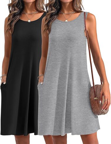 2 Pack Women's Summer Casual Dresses, Beach Cover up Tank Dress with Pockets Plain Round Neck Swing T Shirt Sundresses in Kuwait