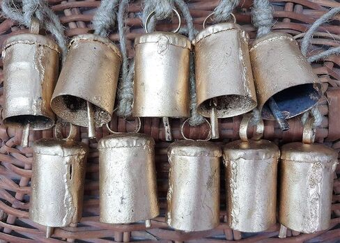 HIGHBIX 7cm Big Vintage Rustic Lucky Tin Metal Cow Bells Handmade Christmas Décor Bells on Jute Rope (10, Cylinder) in Kuwait