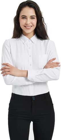قميص نسائي بأكمام طويلة وأزرار سفلية من QFV، بلوزة عمل قطنية مقاومة للتجاعيد in Kuwait