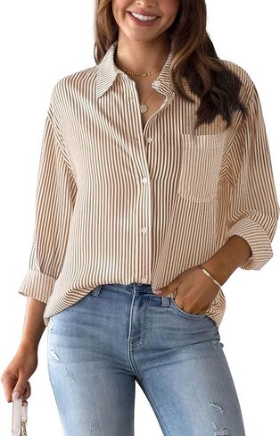 MEILIFIGOO Women's Button Down Shirts Striped Long Sleeve V Neck Classic Shirt Business Casual Tops with Pokets in Saudi Arabia
