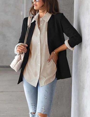 MEILIFIGOO Women's Button Down Shirts Striped Long Sleeve V Neck Classic Shirt Business Casual Tops with Pokets in Saudi Arabia