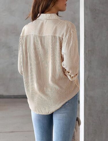 MEILIFIGOO Women's Button Down Shirts Striped Long Sleeve V Neck Classic Shirt Business Casual Tops with Pokets in Saudi Arabia