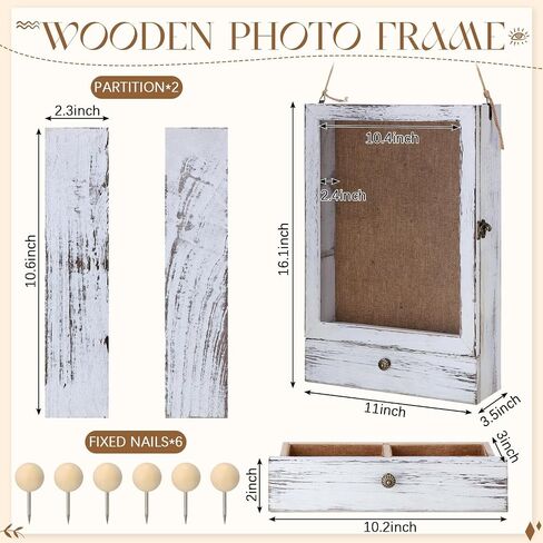 صندوق ظلال كبير مقاس 11 × 16 بوصة من Wenqik، صناديق عرض ذات ظلال عميقة مع أرفف وأدراج قابلة للإزالة، صندوق خشبي ريفي للصور والنصب التذكارية والميداليات لحفظ باقة الزفاف، أبيض in Saudi Arabia