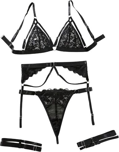 Verdusa Women's 5 Piece Lace Sheer Underwire Garter Lingerie Set Floral Bra and Panty in Saudi Arabia