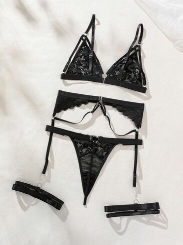 Verdusa Women's 5 Piece Lace Sheer Underwire Garter Lingerie Set Floral Bra and Panty in Saudi Arabia