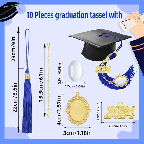 Japior 10 قطع شرابة التخرج 2024 شرابة قبعة التخرج مع 2024 سحر التخرج الذهبي سحر الصورة التذكارية لتزيين القبعة والحرف اليدوية وهدايا حفلات التخرج (أسود) in Kuwait