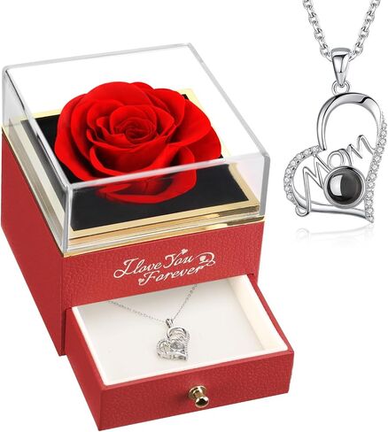 NEWNOVE Mothers Day Gifts for Mom, Preserved Real Red Rose with I Love You Mom Necklace, Forever Flowers Gifts for Mom from Daughter, Son, Kids, Best Mom Gifts Ideas in Saudi Arabia