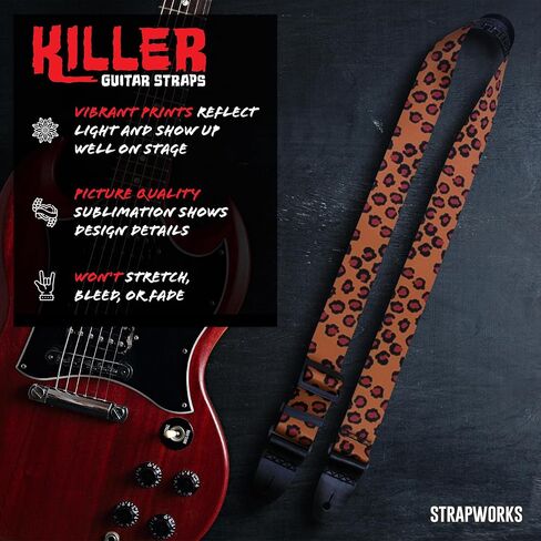 حزام جيتار Killer-Q - أشرطة أنيقة للجيتار الكهربائي والصوتي مع عروات جلدية، 2 بوصة × 5 أقدام، جلد الفهد in Kuwait