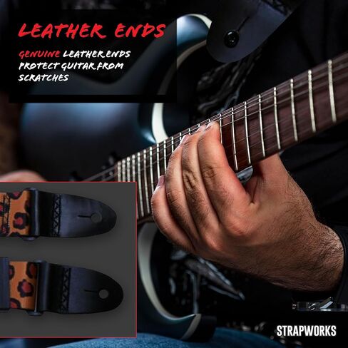 حزام جيتار Killer-Q - أشرطة أنيقة للجيتار الكهربائي والصوتي مع عروات جلدية، 2 بوصة × 5 أقدام، جلد الفهد in Kuwait