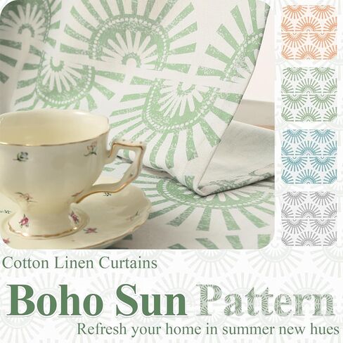 مجموعة ستائر Roxooze Boho بطول 84 بوصة مكونة من لوحتين، ستائر منقوشة من الكتان لغرفة المعيشة، ستائر معالجة نوافذ المزرعة باللون الأخضر المريمية لغرفة النوم in Kuwait