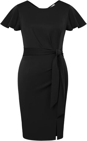 Hanna Nikole Womens Plus Size Work Pencil Dress Ruffle Sleeve Wedding Guest Office Cocktail Party Dresses with Tie Waist in Saudi Arabia